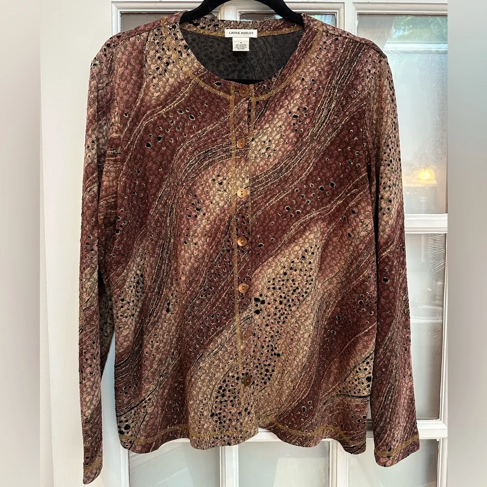 Vintage Laura Ashley Earthy Toned Golden Ombre Button-Up Cardigan Sweater Size M
